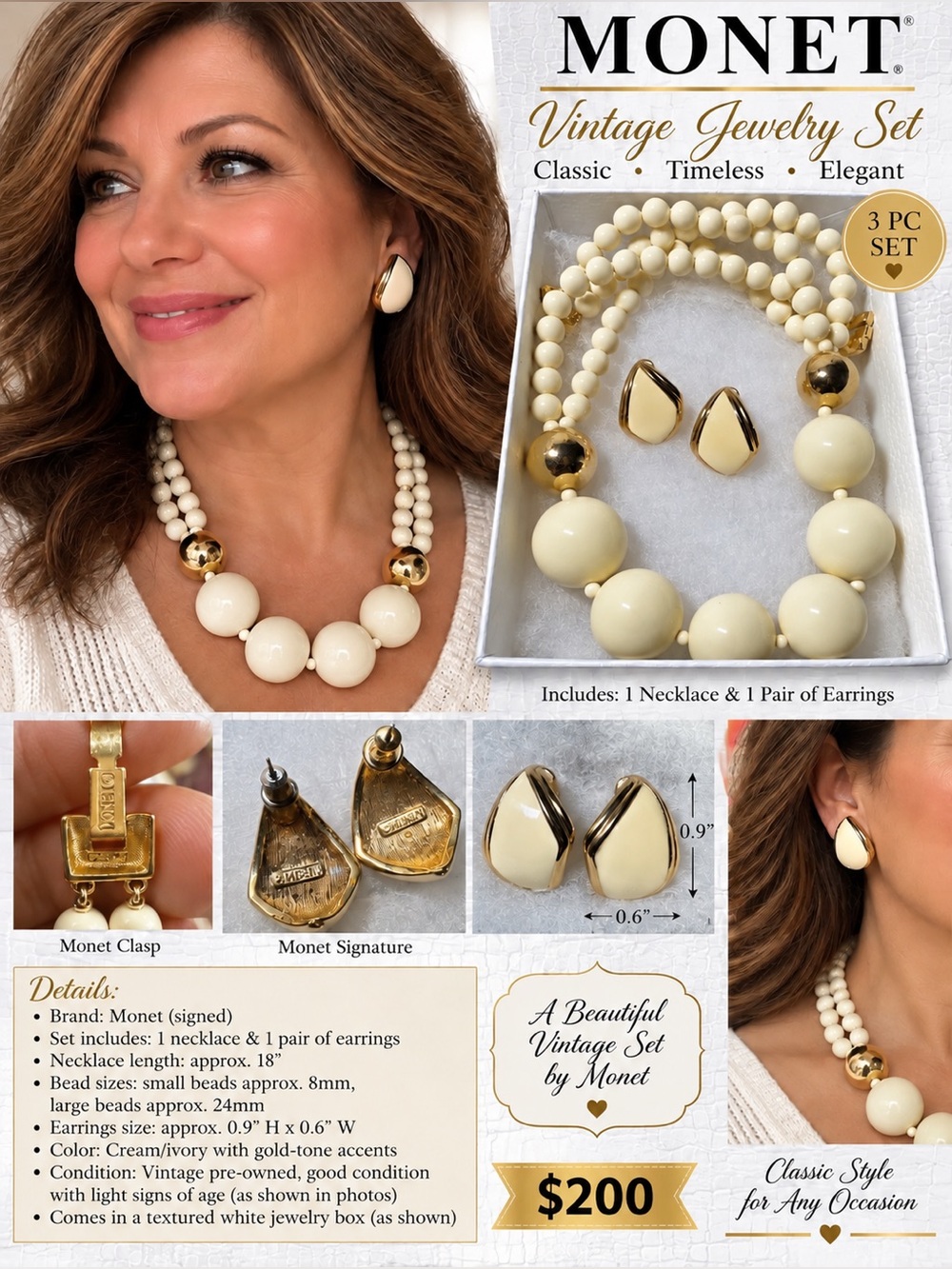 This is a vintage Monet white lucite and gold-tone bead necklace and earring set
